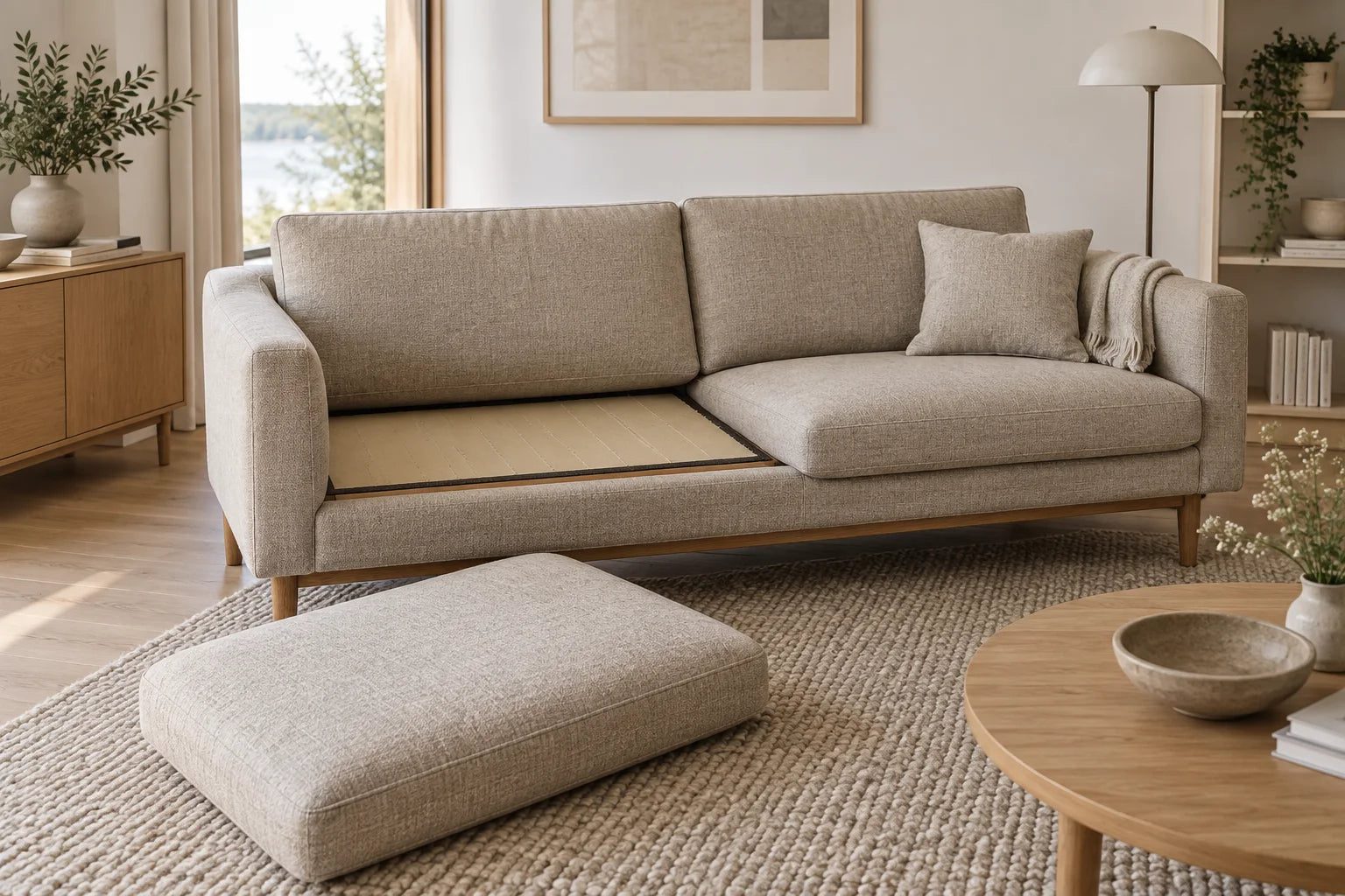 Lys sofa med en løs sædehynde og stofprøver i et roligt rum