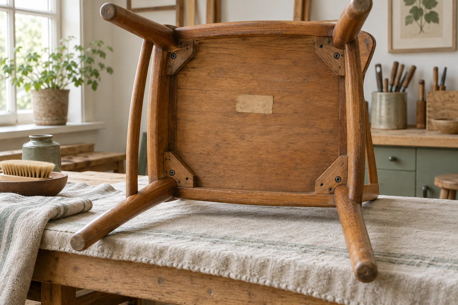 Undersiden af en ældre træstol med samlinger og en slidt mærkat