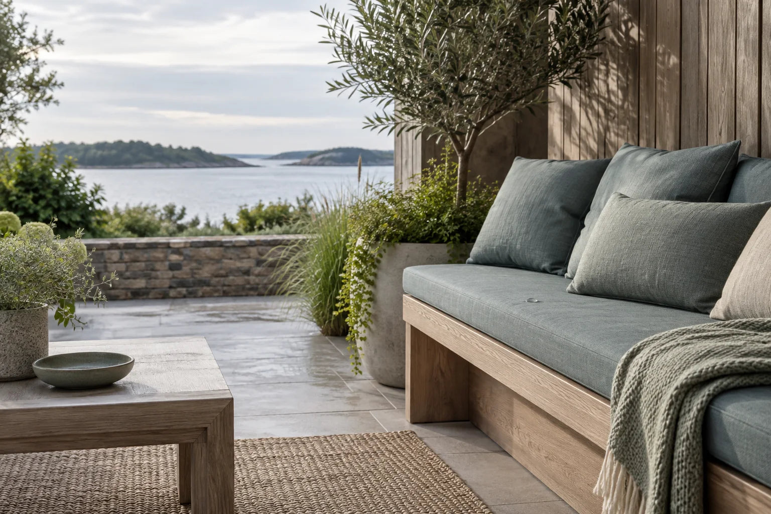Blågrå hynder på en træbænk på en overdækket terrasse