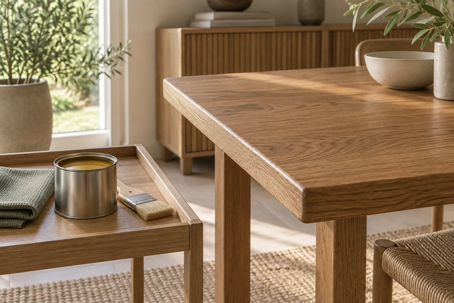 Neutral dåse med møbelolie og en pensel på en bakke ved et olieret bord