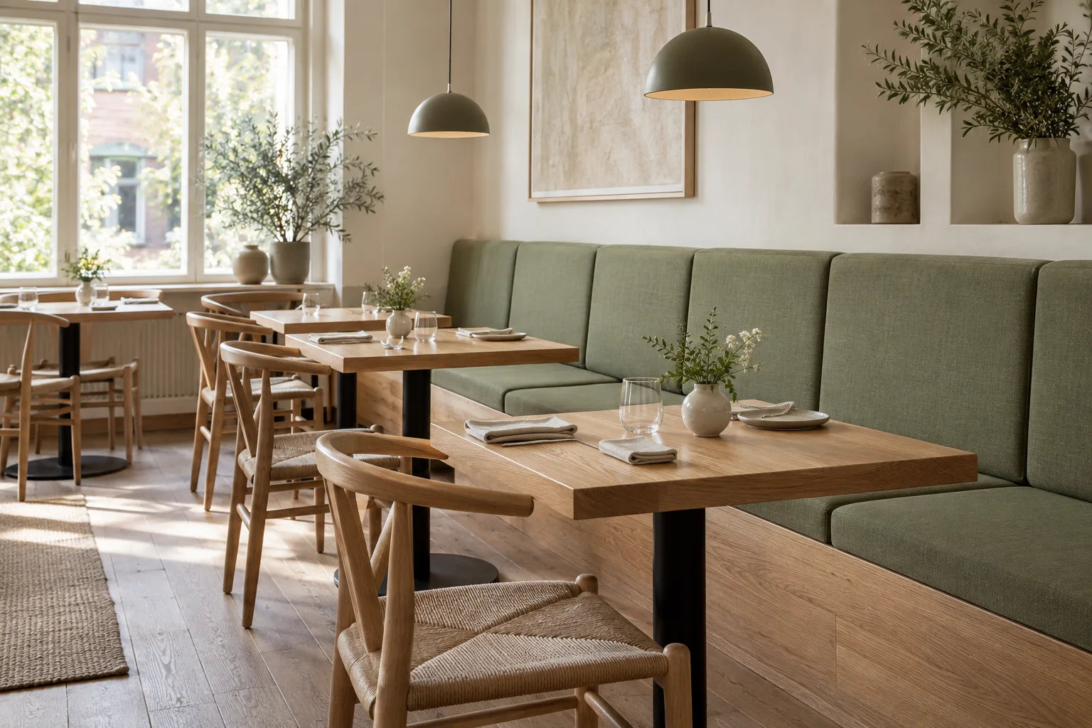 Tom restaurant med grønne bænkhynder i separate sektioner og træborde